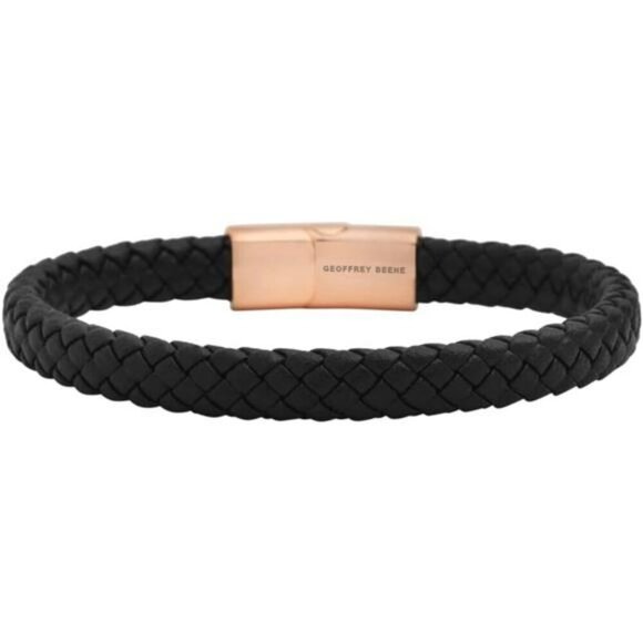 Geoffrey Beene Mens Braided Leather Bracelet Stainless Steel Clasp Gift Box - Picture 1 of 6